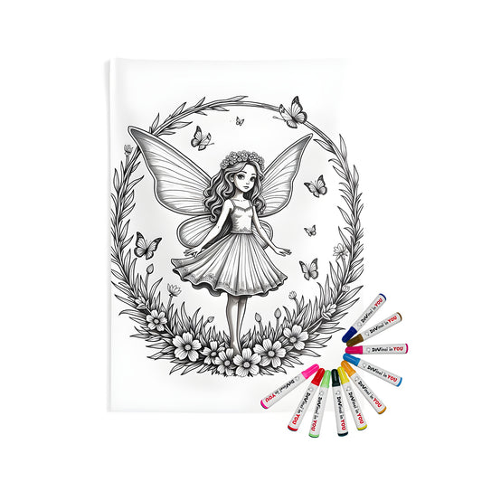 Indoor Wall Hanging Tapestry of Elegant Fairy with Floral Design