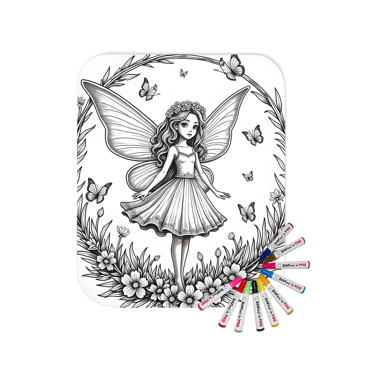 Blanket with nature fairy design, featuring flowers, butterflies, and elegant wings