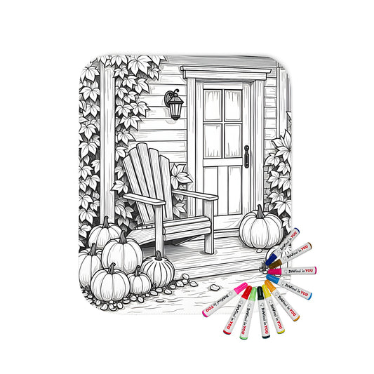 Cozy cottage porch blanket with wooden chair and pumpkins design