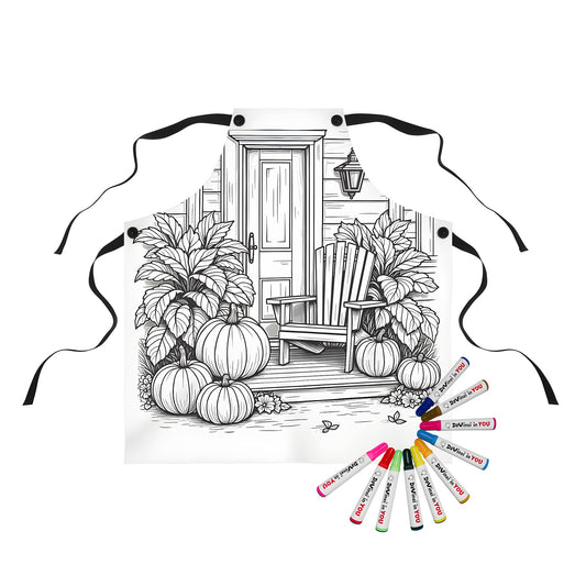 Cozy porch decor apron featuring a charming wooden chair surrounded by pumpkins and lush greenery