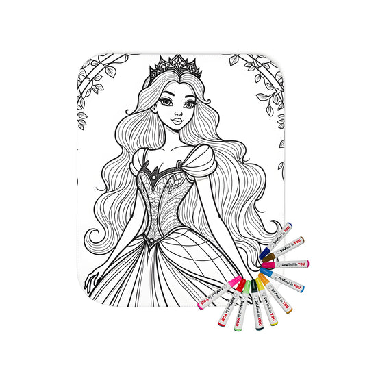 Blanket coloring page of a royal princess in an ornate gown under a leafy arch