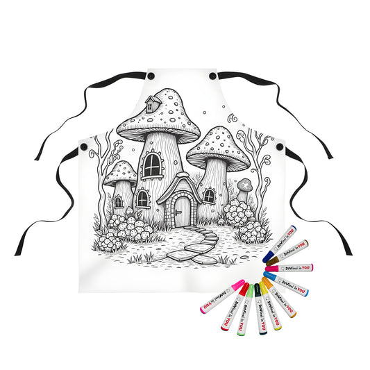 Whimsical mushroom house apron with colorful fabric markers