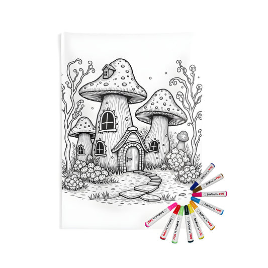 Whimsical mushroom house indoor wall tapestry coloring kit with fabric markers