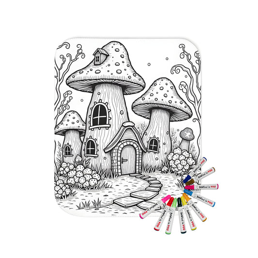 Whimsical mushroom house blanket with fabric markers for coloring