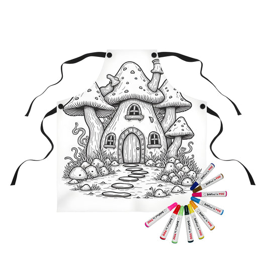 Colorful apron featuring an imaginative mushroom cottage illustration in a whimsical forest setting