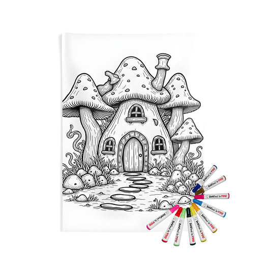 Indoor Wall Tapestries featuring a cozy Mushroom-shaped Home amidst an Enchanting Forest Setting - Perfect for Bedroom Decor, Cottage-inspired Wall Hanging