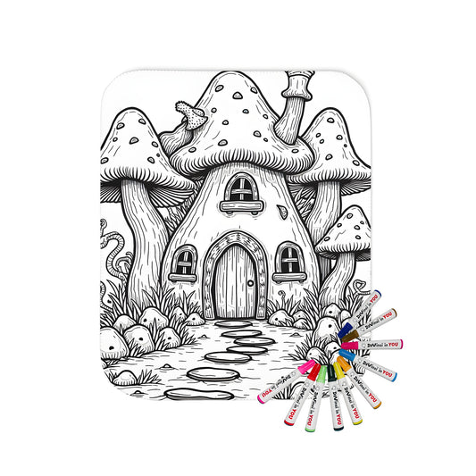 Colorful blanket featuring an imaginative illustration of a whimsical cottage amidst an enchanting forest setting, perfect for a fantasy-inspired home decor or nursery. Includes 10 vibrant fabric markers for creative expression.