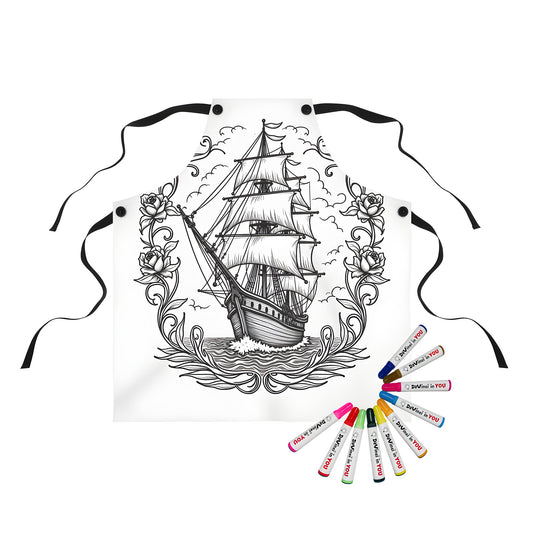 Coloring apron with a beautiful black and white sailing ship illustration, floral designs, and birds flying above.