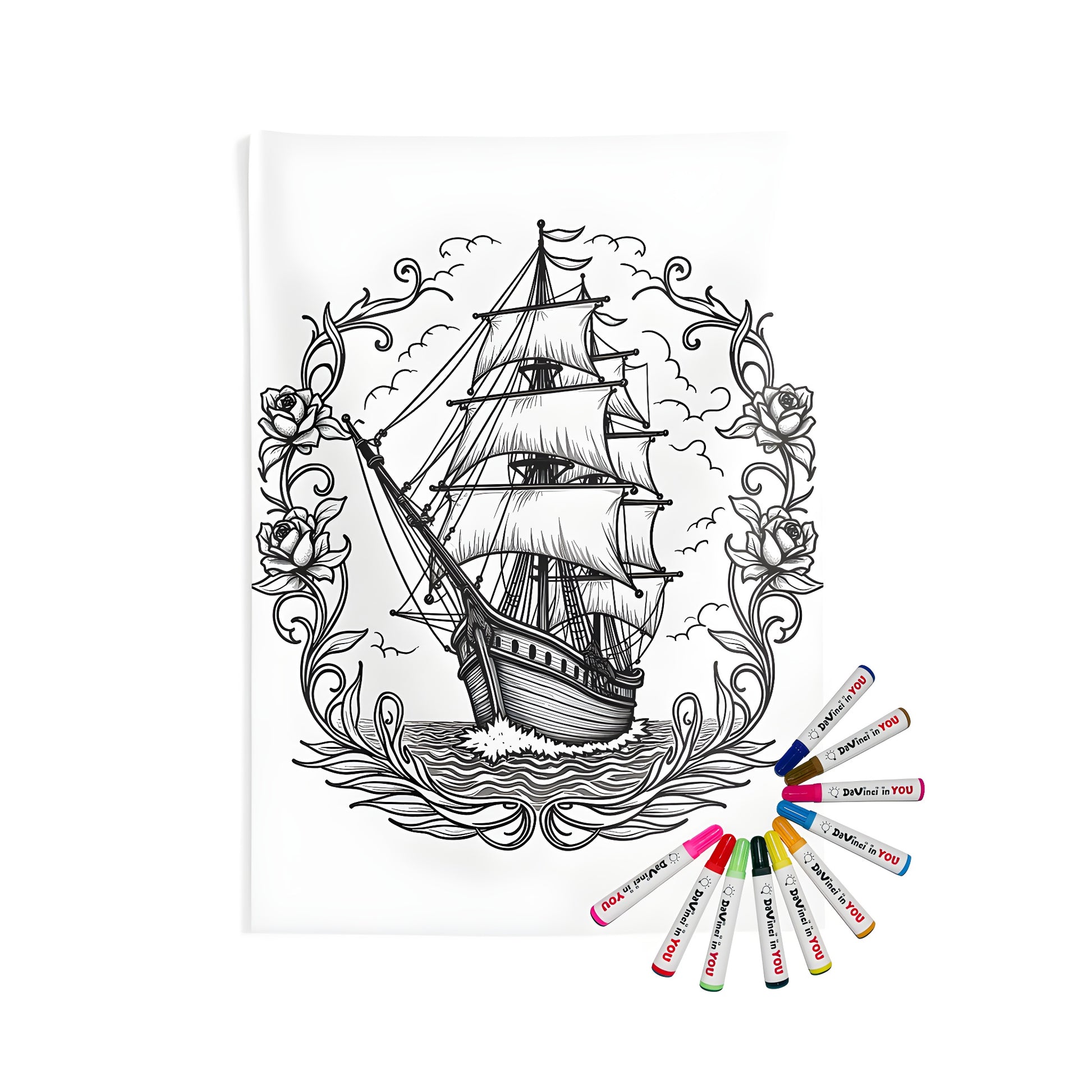 Indoor wall tapestry with sailing ship design, framed by floral patterns