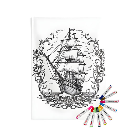 Indoor wall tapestry with sailing ship design, framed by floral patterns