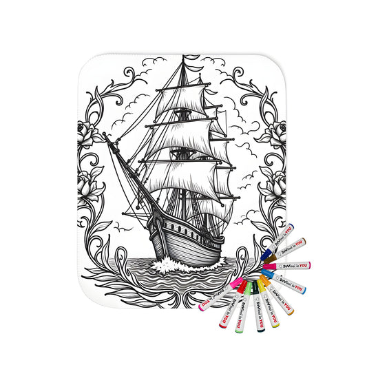 Cozy blanket with sailing vessel design, featuring intricate floral patterns and a majestic ship on calm waters