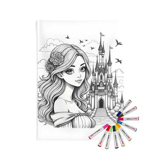 Indoor wall tapestries for adults, princess castle fabric art, detailed artwork of royal woman with flowing hair adorned by rose