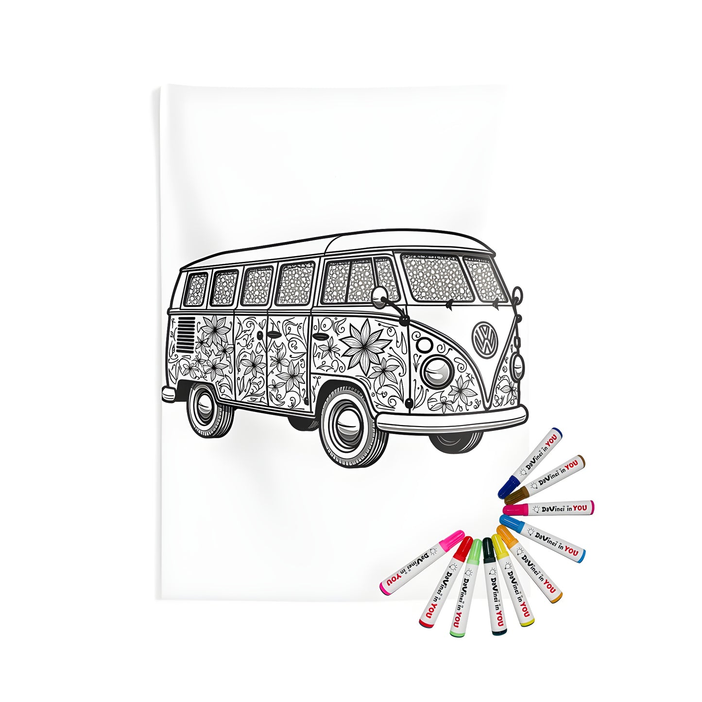 Vintage camper van wall tapestry for coloring, intricate floral patterns, automotive art