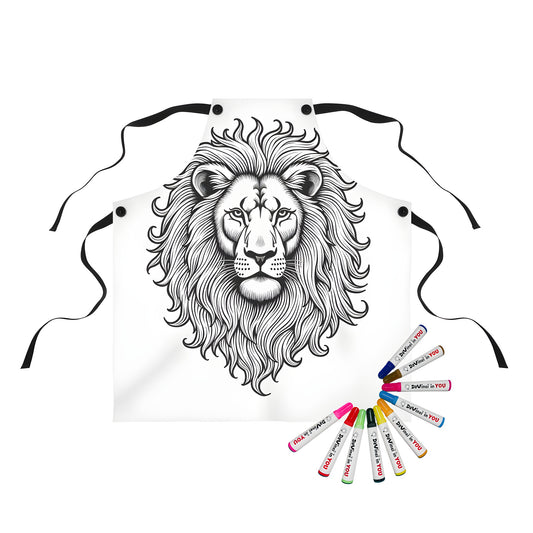 Apron with detailed black and white illustration of lion face featuring majestic mane