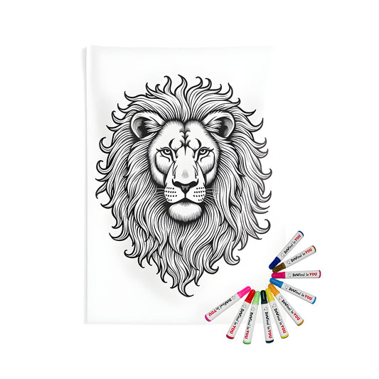 Indoor wall tapestries featuring a detailed black and white illustration of a lion's face, showcasing its majestic mane. Includes fabric markers for coloring.