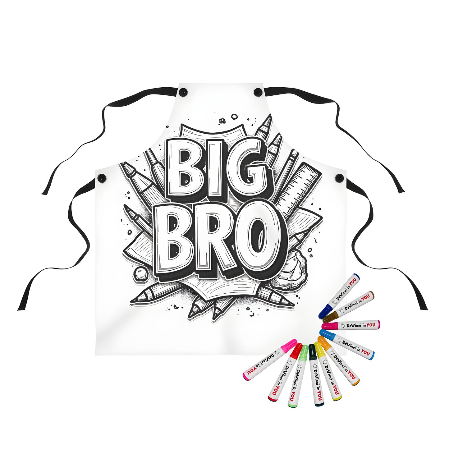 Aprons for big brothers featuring fun coloring pages and creative art supplies, perfect for a brother's birthday gift or sibling activity.