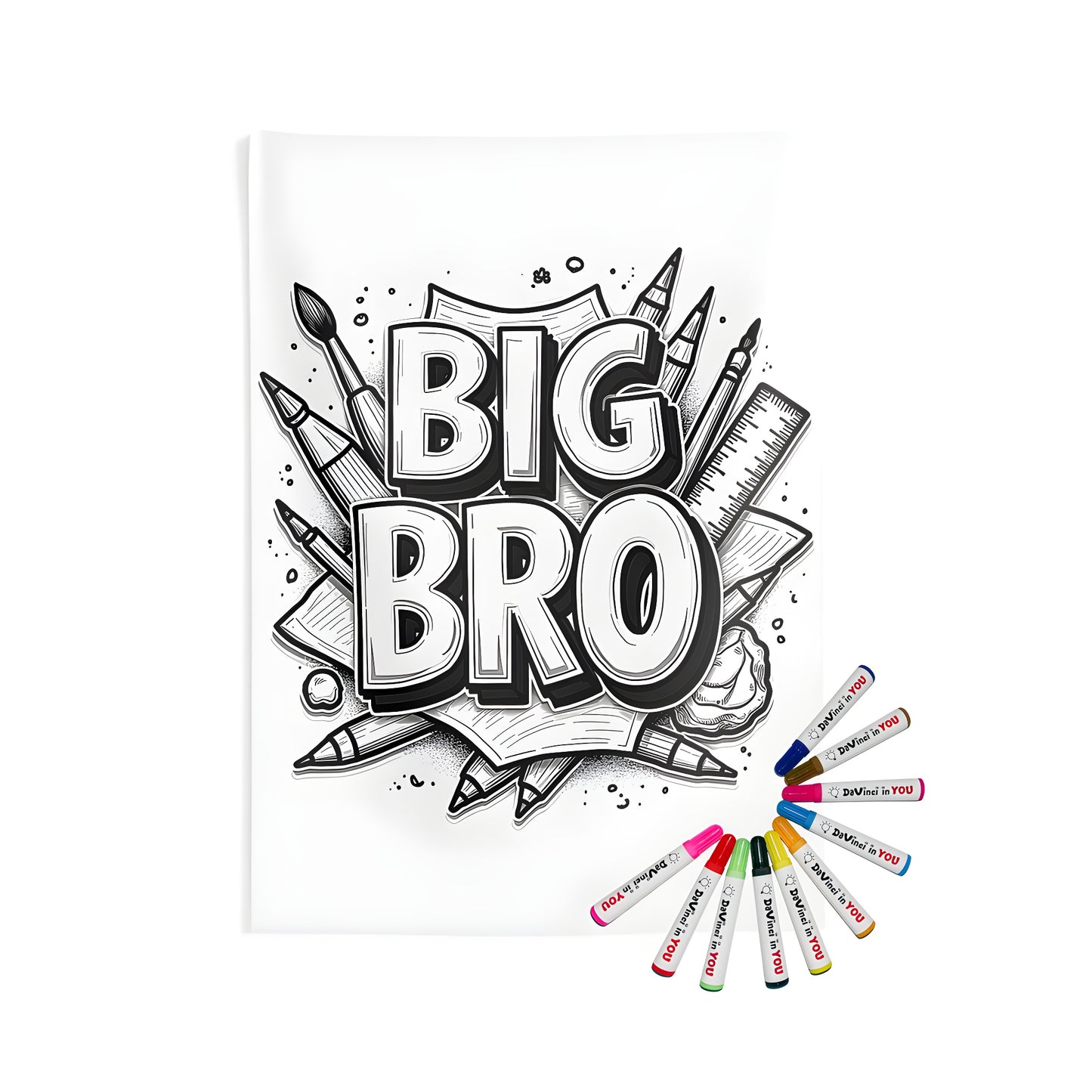 Indoor wall tapestry featuring bold 'Big Bro' lettering surrounded by creative art supplies for brotherly love and artistic expression