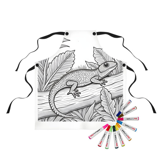 Coloring apron featuring an illustrated lizard or reptile design with tropical foliage