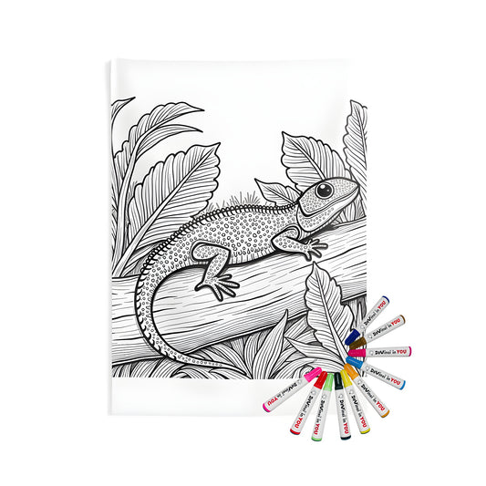 Indoor wall tapestries featuring a reptile illustration of a lizard or iguana resting on a branch amidst tropical foliage, perfect for a home decor accent with fabric marker colors