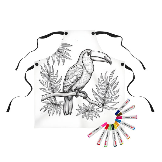 Coloring apron with vibrant toucan bird perched on branch amidst tropical foliage and colorful fabric markers