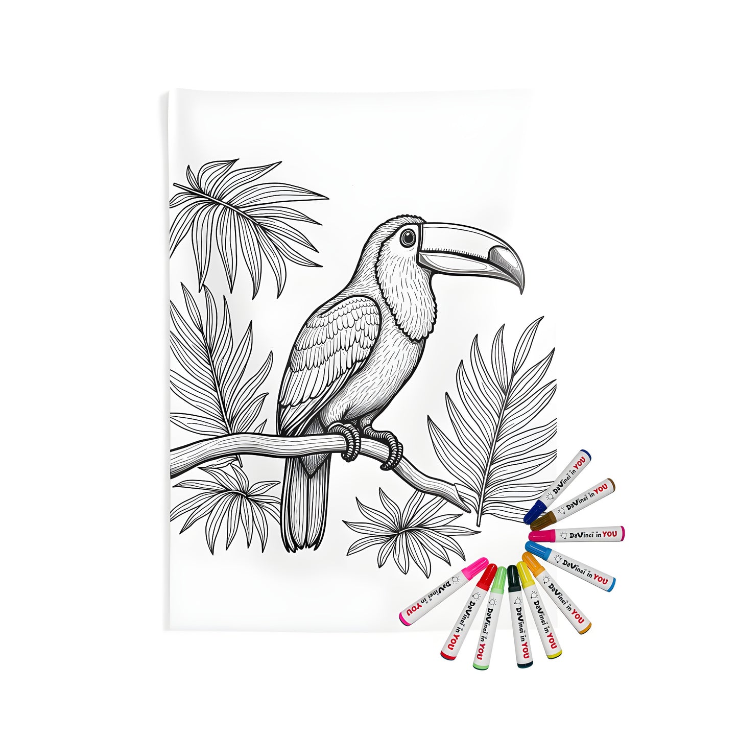 Indoor wall tapestries coloring kit with colorful toucan print, featuring vibrant plumage and tropical foliage art