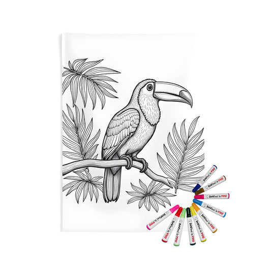 Indoor wall tapestries coloring kit with colorful toucan print, featuring vibrant plumage and tropical foliage art