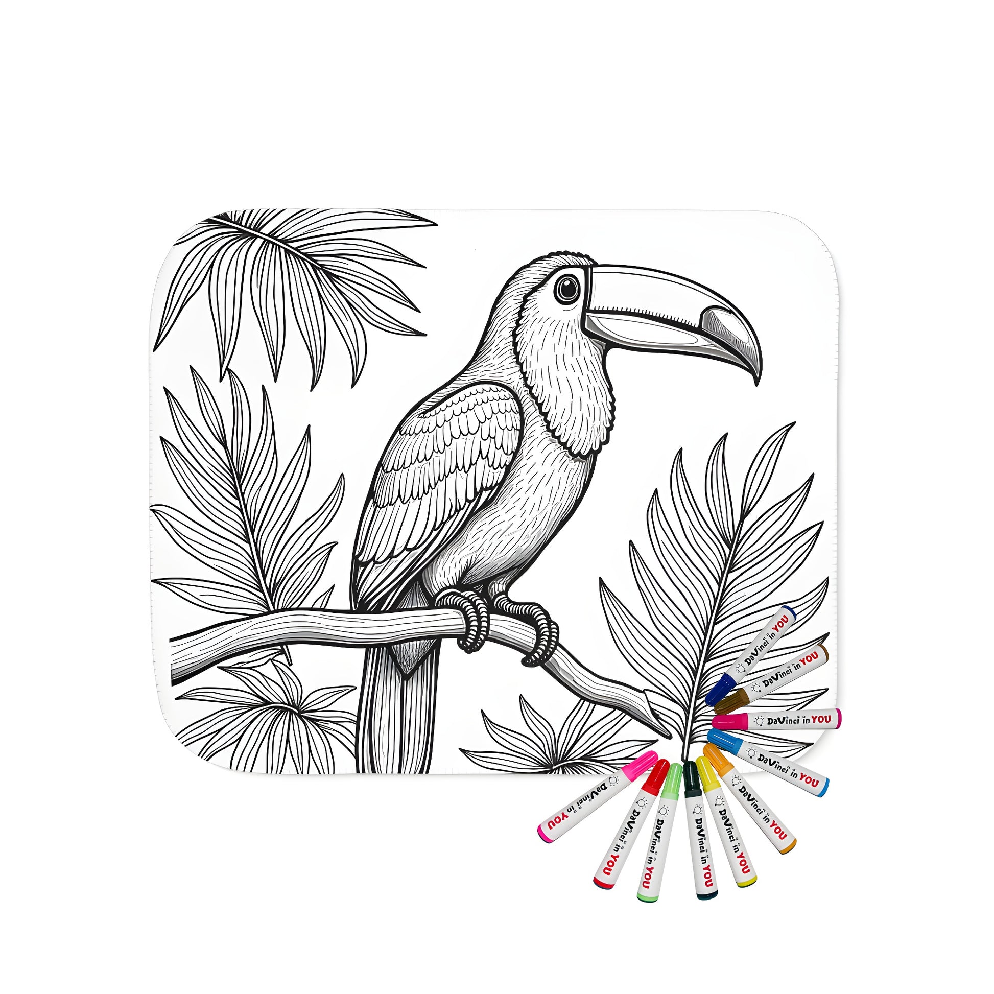 Coloring blanket featuring a toucan bird perched on a branch surrounded by lush green foliage and tropical flowers, perfect for kids and adults alike.