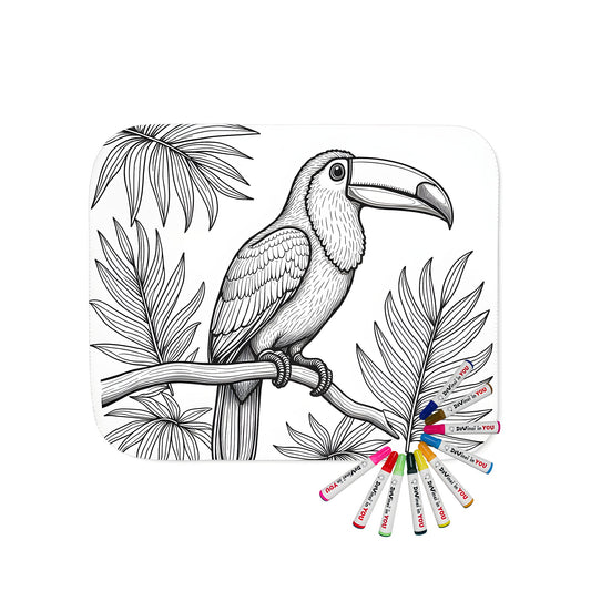 Coloring blanket featuring a toucan bird perched on a branch surrounded by lush green foliage and tropical flowers, perfect for kids and adults alike.