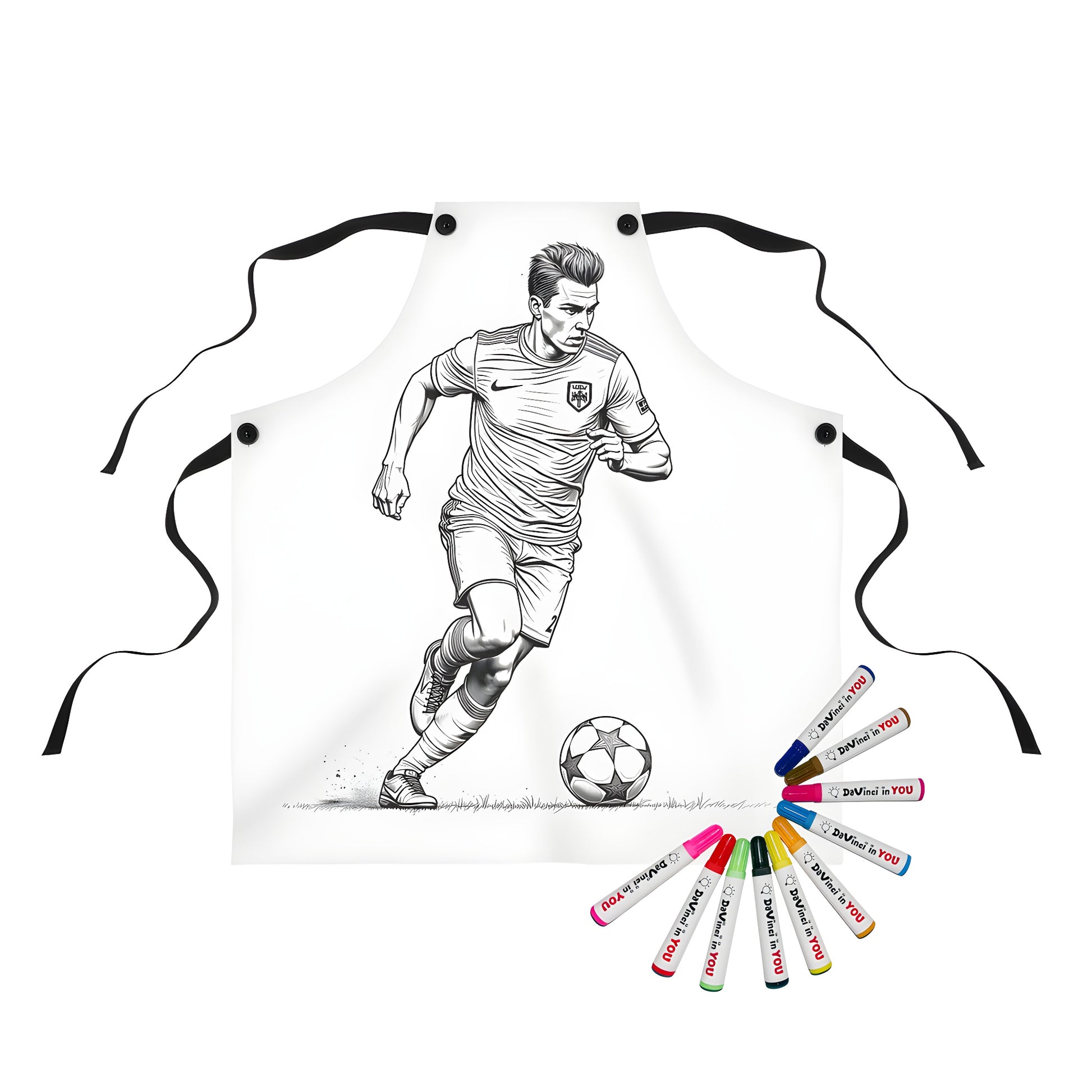 Apron with dynamic football player illustration and colorful markers