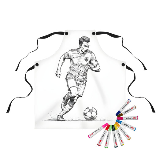 Apron with dynamic football player illustration and colorful markers