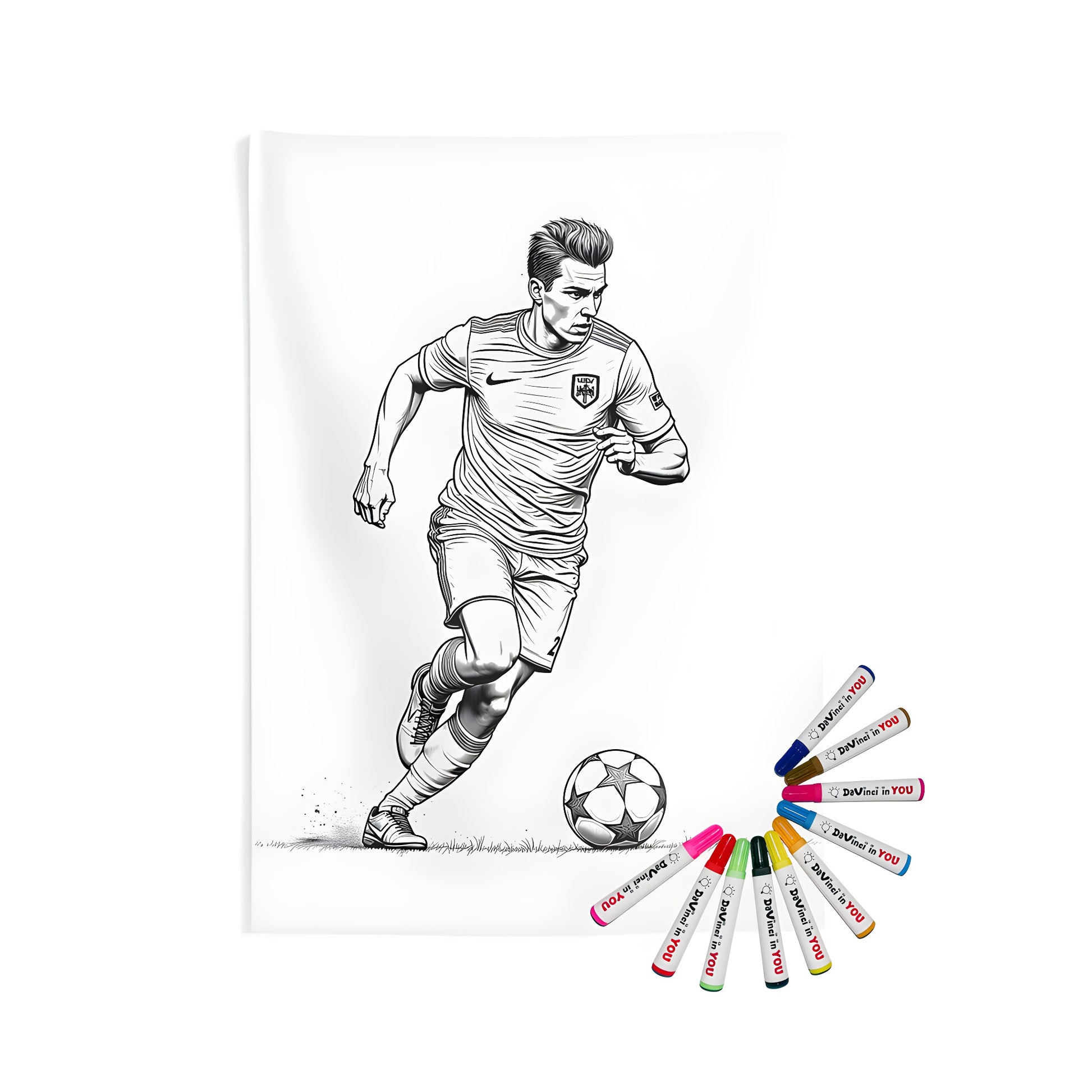 Coloring kit for soccer enthusiasts featuring an indoor wall tapestry with vibrant illustration of dynamic soccer player in action