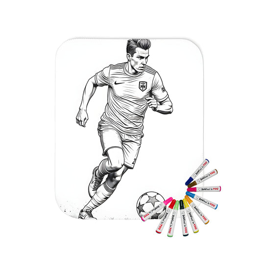 Blanket with dynamic soccer athlete illustration, football player artwork on fabric