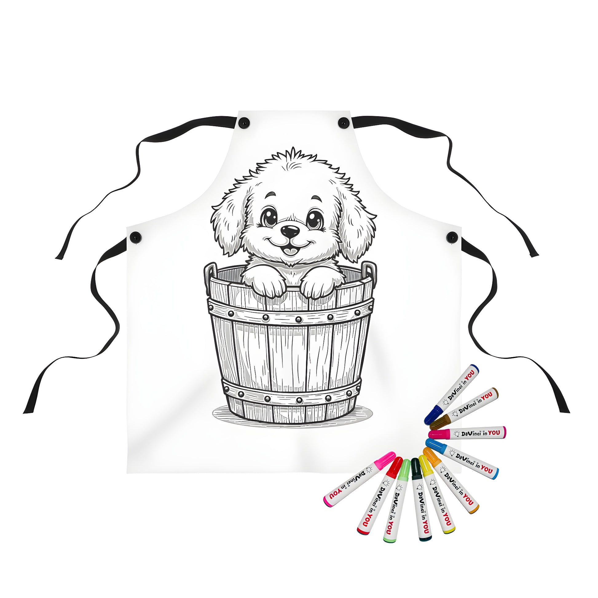 Cute puppy in wooden bucket apron coloring kit