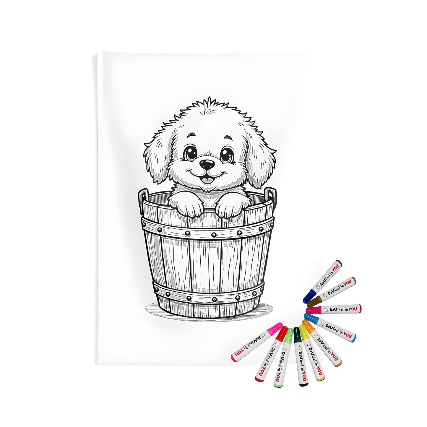 Indoor wall tapestries artwork of cute puppy playing in a wooden bucket, featuring colorful fabrics and cheerful design