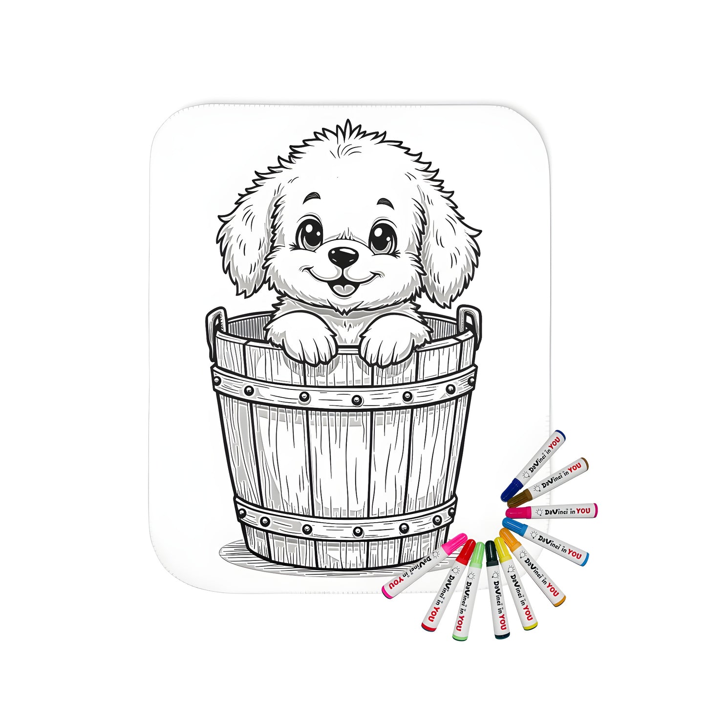 Coloring kit blanket with adorable puppy illustration and wooden bucket design