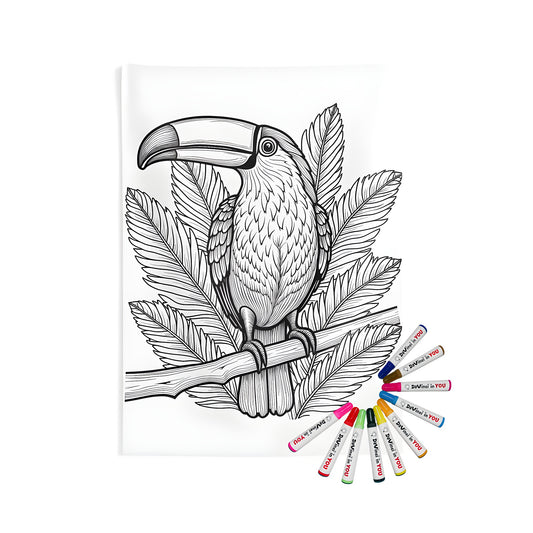 A colorful indoor wall tapestry featuring a detailed illustration of a toucan perched on a branch surrounded by lush green leaves, perfect for adding a vibrant touch to any room.