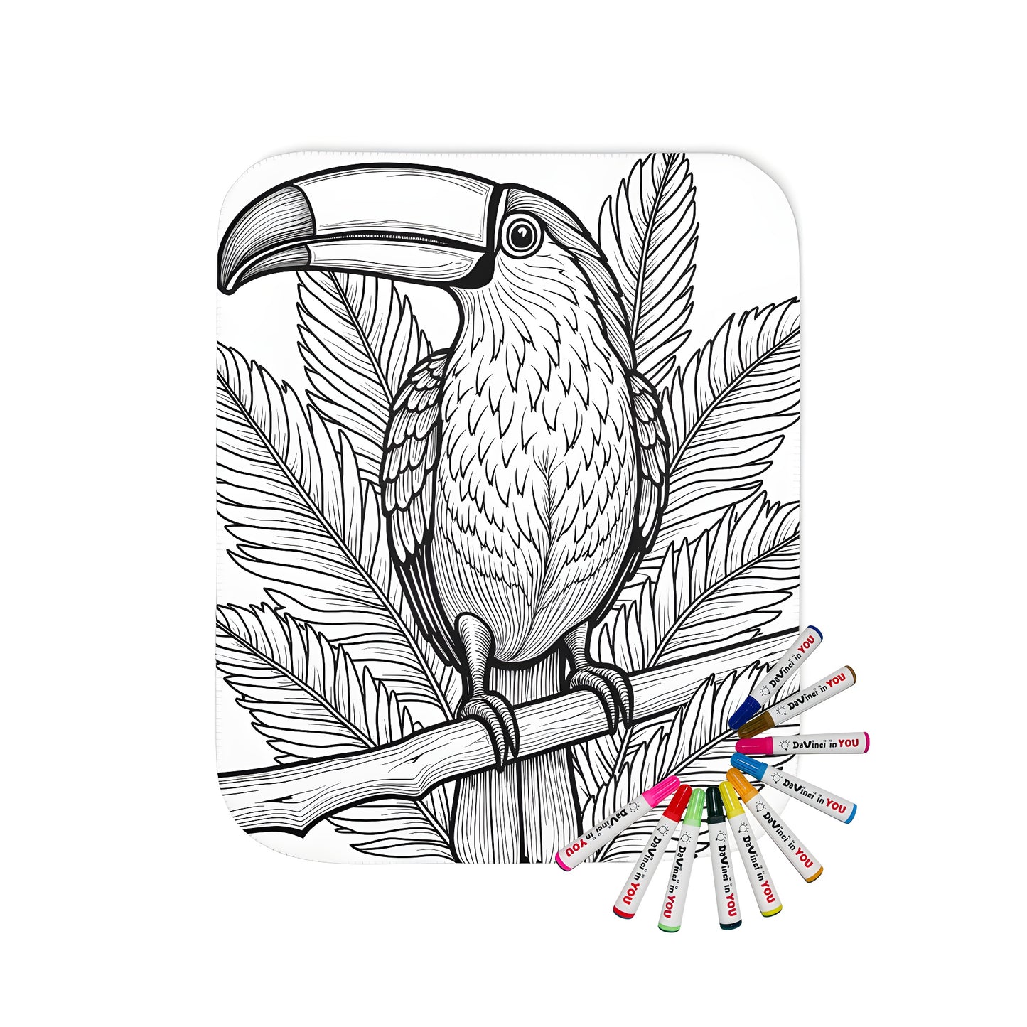 A colorful blanket featuring a vibrant illustration of a toucan perched on a branch surrounded by large leaves, perfect for adults and kids alike.