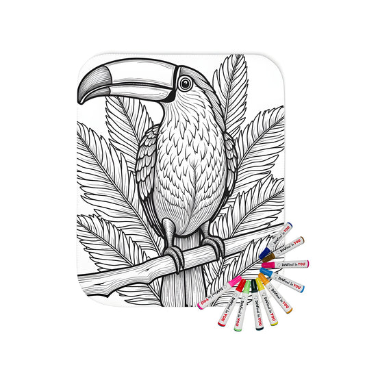 A colorful blanket featuring a vibrant illustration of a toucan perched on a branch surrounded by large leaves, perfect for adults and kids alike.