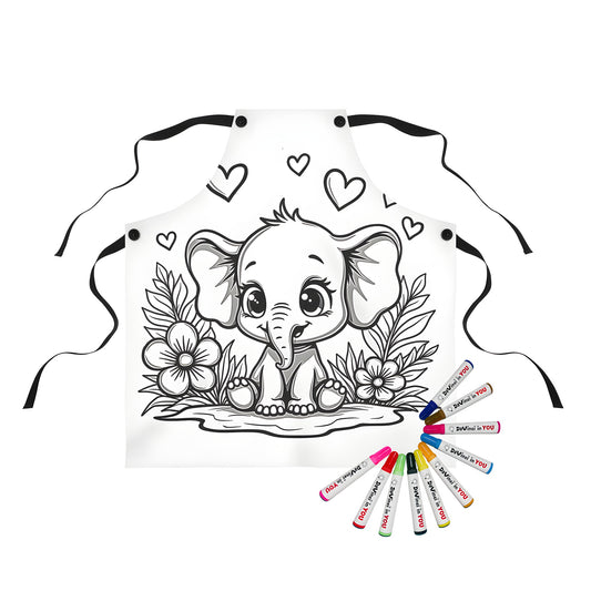 Apron with adorable cartoon elephant design featuring happy elephant amidst colorful flowers and hearts