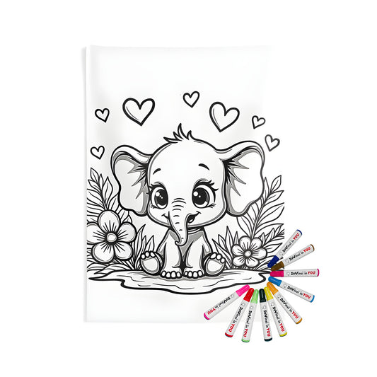 A vibrant indoor wall tapestry featuring a cute cartoon elephant surrounded by flowers and hearts, perfect for adding a playful touch to any room.