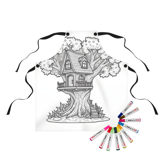 Coloring apron featuring an illustration of a charming treehouse nestled within a big tree, surrounded by leaves and plants, with a staircase leading up. Perfect for kids who love to color and draw.