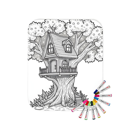 Blanket with charming treehouse illustration design for kids, cozy home decor