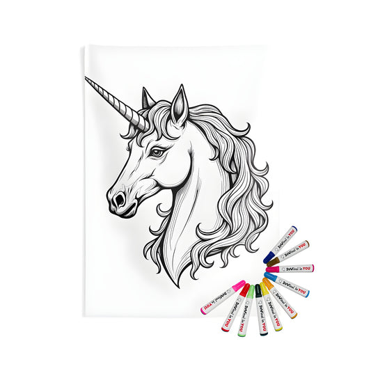 A colorful and detailed line drawing of a unicorn's head on a beautiful indoor wall tapestry, perfect for coloring and decorating your space with fabric markers.