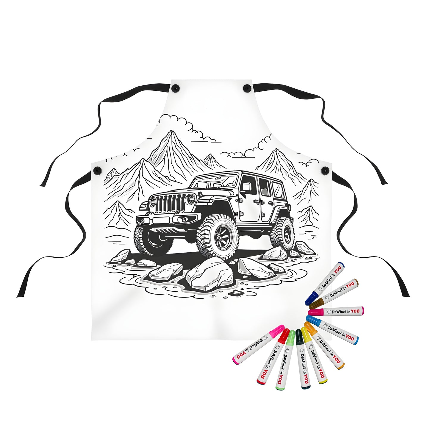 Colorful apron with a fun jeep-themed design, perfect for outdoor enthusiasts and coloring fans