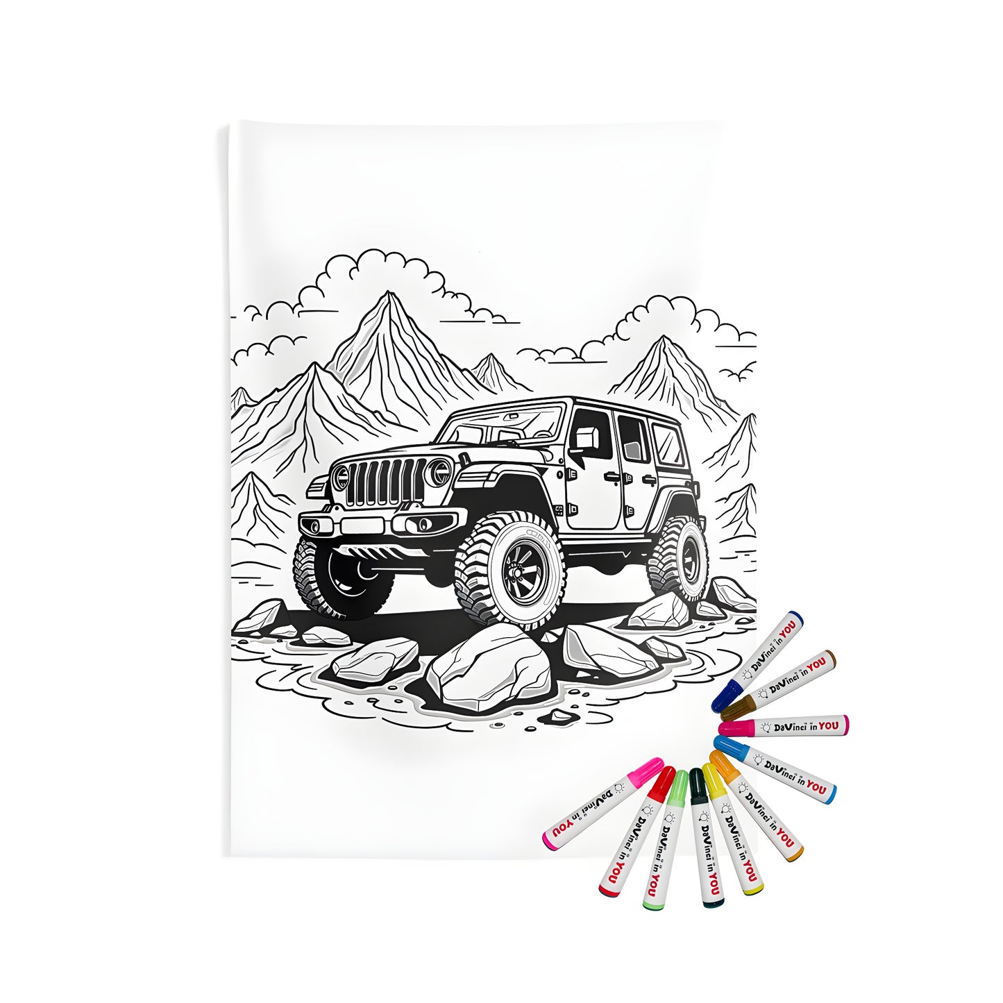 Indoor wall tapestries jeep-themed decor with fabric markers, perfect for coloring enthusiasts who love adventure and nature