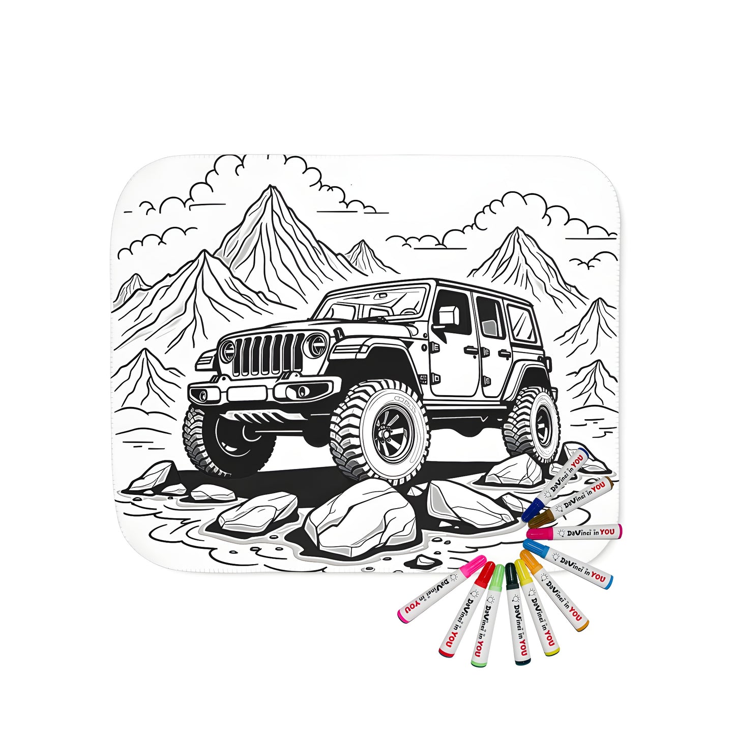 Rugged jeep-themed blanket with fabric markers and coloring page inspiration for outdoor enthusiasts