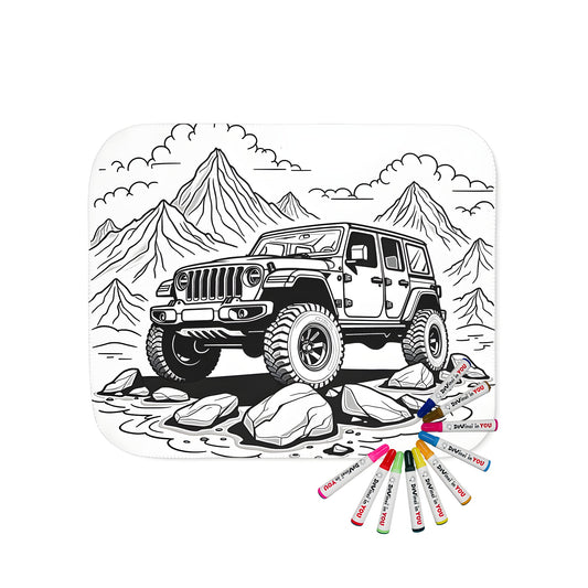 Rugged jeep-themed blanket with fabric markers and coloring page inspiration for outdoor enthusiasts