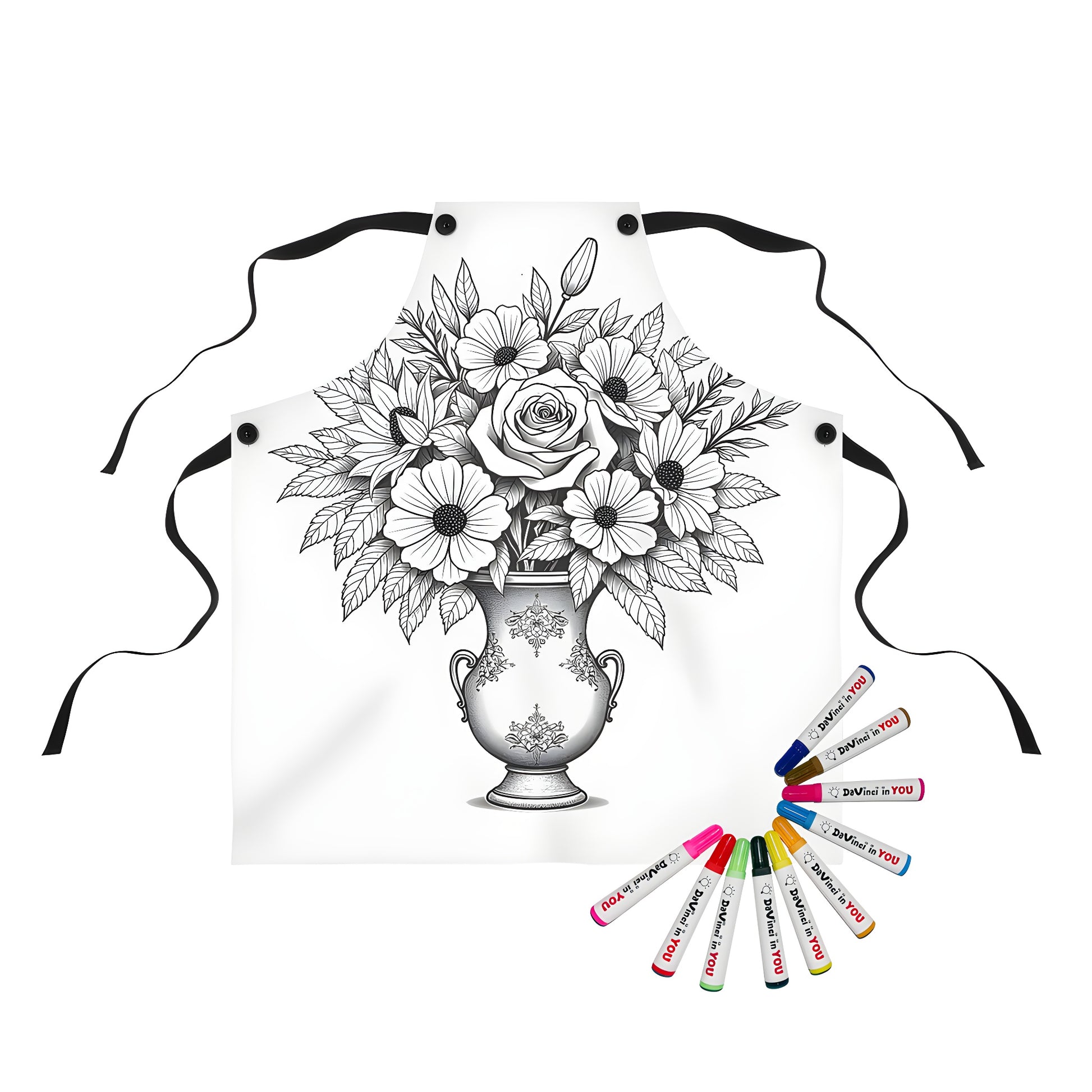 Coloring apron with black and white flower arrangement design featuring blossoms and leaves