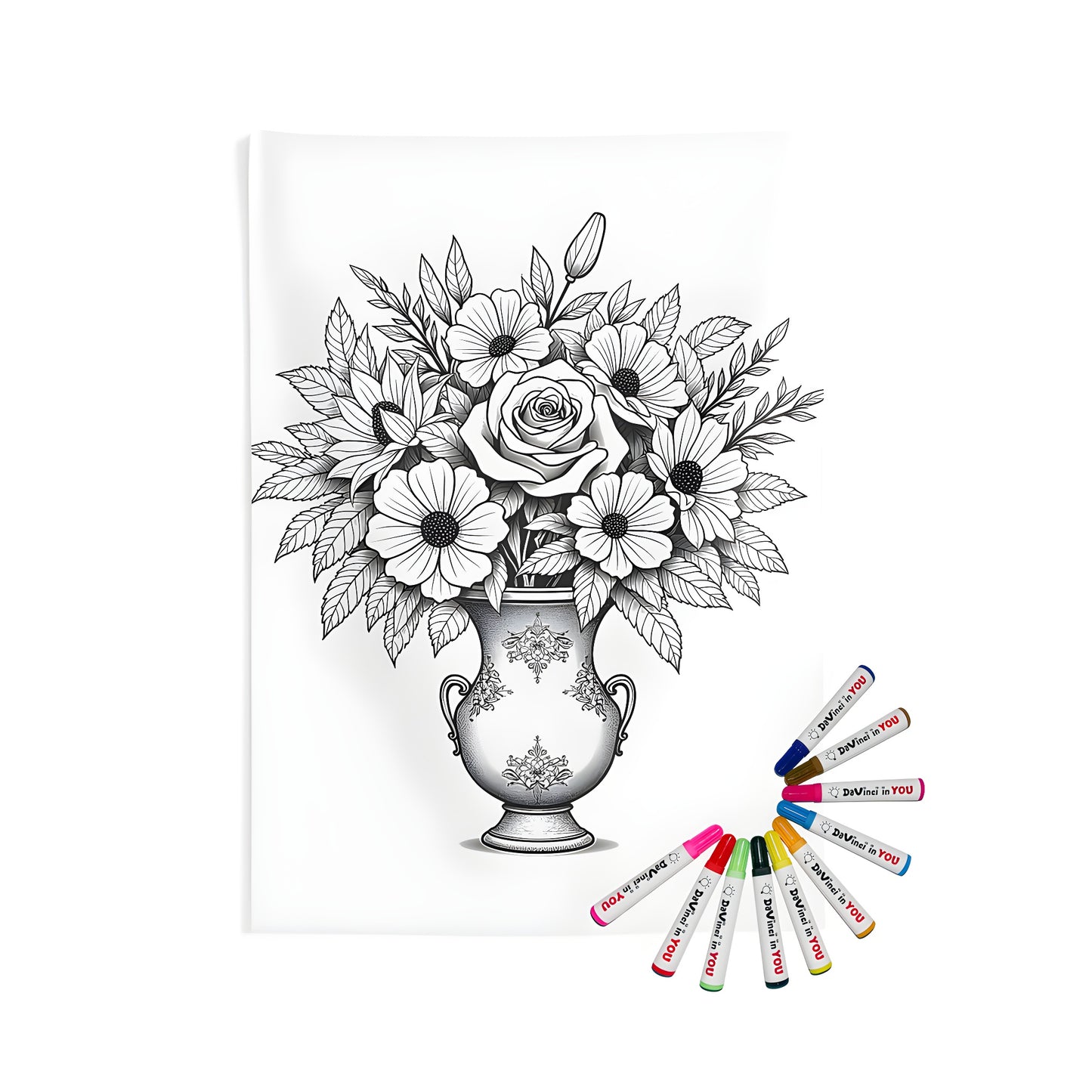 Detailed flower arrangement indoor wall tapestries, decorative vase coloring page art with blossoms and leaves