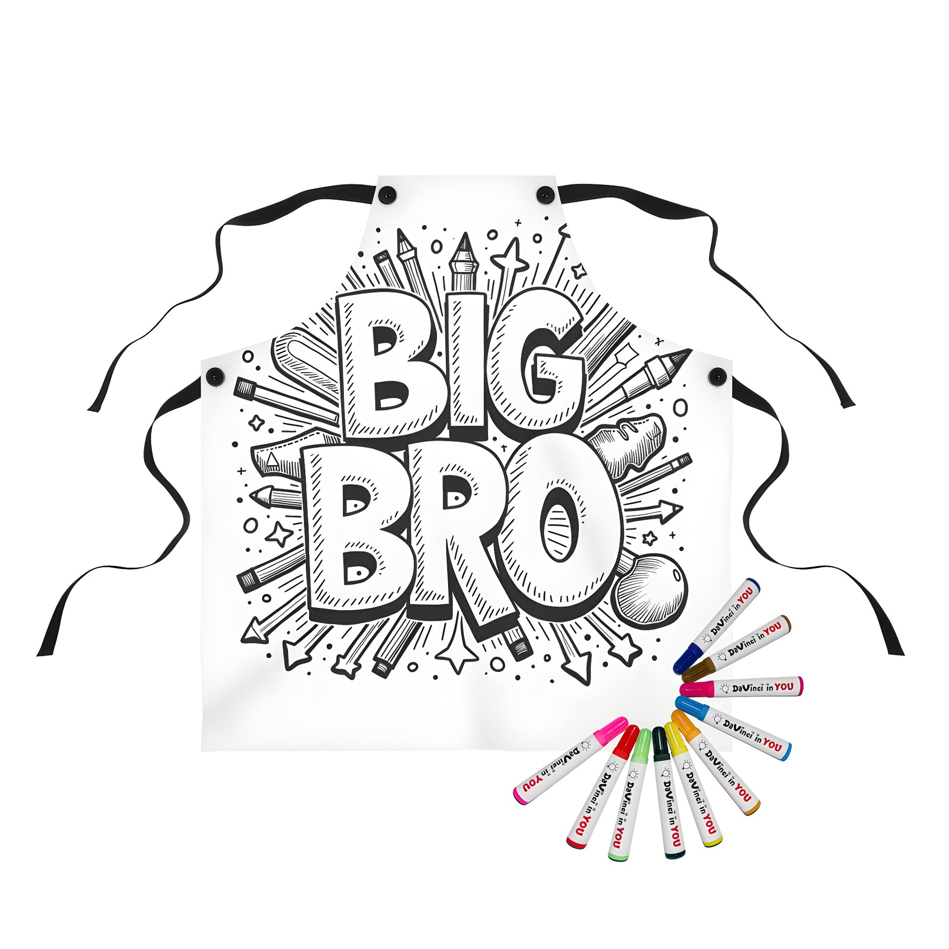 Aprons for coloring kits with brotherly love designs, featuring big bro phrase